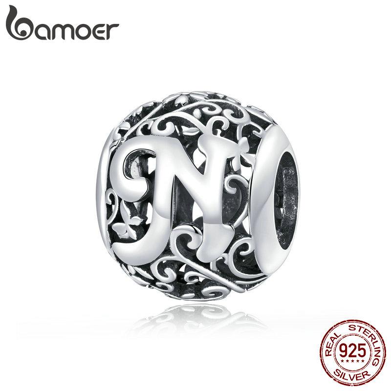 BAMOER 925 Silver Retro Letter Charms Hollowed Alphabet A-Z Round Beads for Women Bracelet DIY Jewelry Making