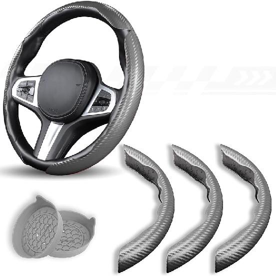 3 Piece Carbon Fiber Steering Wheel Cover,Car Steering Wheel Protector With Non-Slip Lining,Breathable Microfiber Universal For 14.5-15 Inch,Black