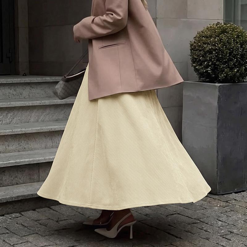 2026 Autumn/Winter New Style Business Casual Linen High-Waisted Pleated Mid-Length A-Line Skirt