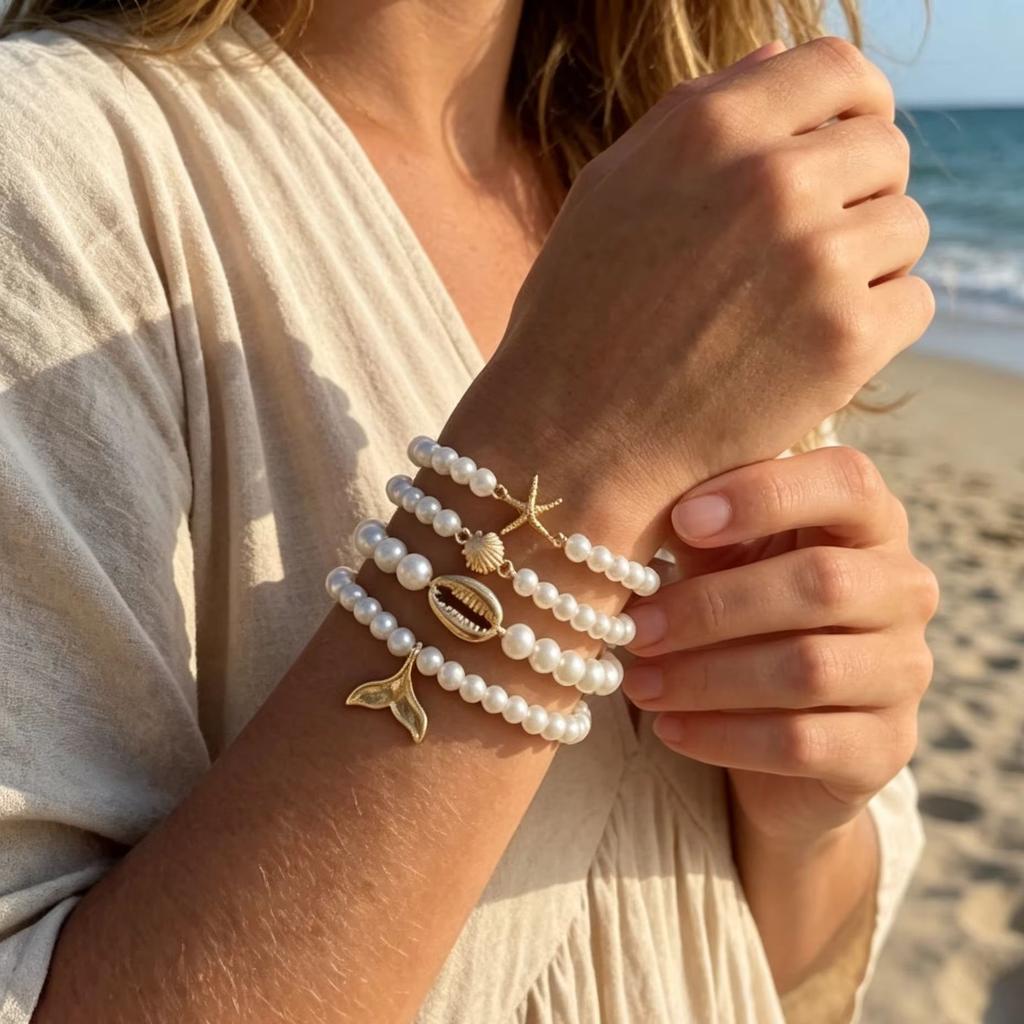 4PCS/Set French Pearl Bracelet for Women Summer Vacation Sea Star Shell Fish Tail Pendant Stacking Versatile Hand Jewelry