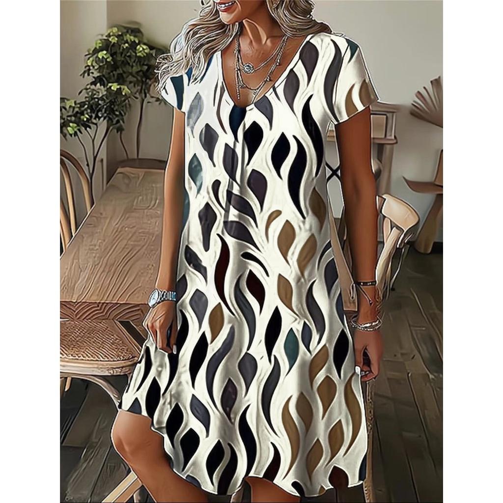 =Women's Casual Crewneck Loose Printed Short-sleeved Dress