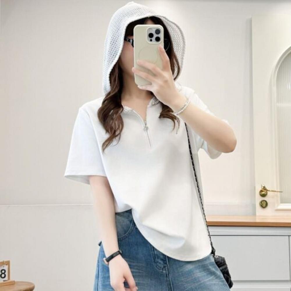 Navava Women Casual Daily Half Zip Lace Hoodie ShorT Sleeve T shirT nT3400