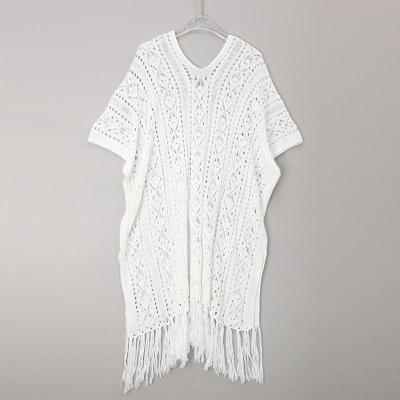 Letní dámský volný dutý střapcový pletený top s výstřihem do V středně dlouhý plážový dovolenkový plavkový plážový přehoz