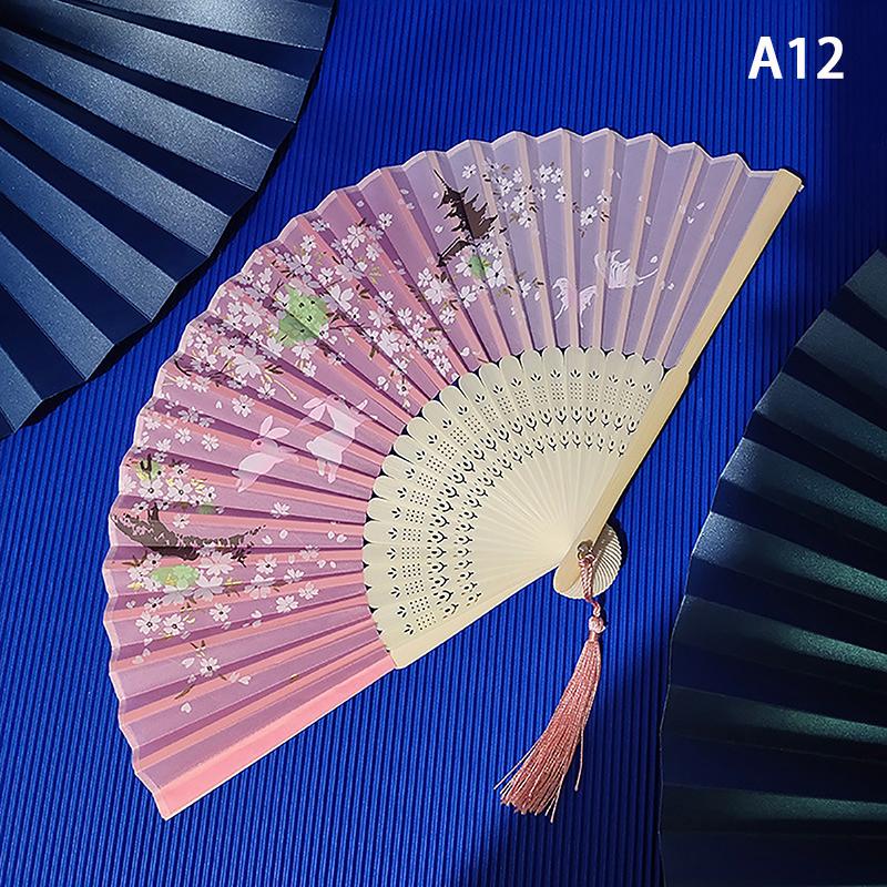 Vintage Chinese Style Folding Fan Bamboo Hand Fan Wooden Shank Classical Dance Fan With Tassel Elegent Female Fan Home Decor