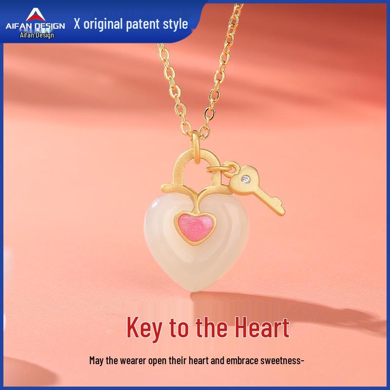 Romantic Heart Enamel Clavicle Necklace in Natural Hetian Jade & S925 Silver