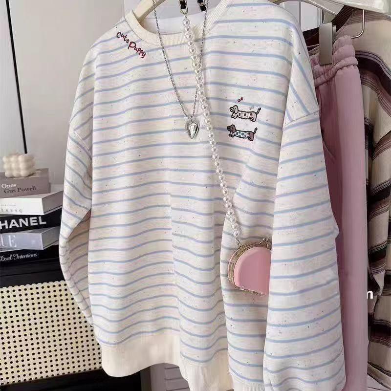 

Мультяшный узор собаки Женская футболка с длинным рукавом и круглым вырезом Тонкий пуловер Футболки Весенне-осенняя мода Женская повседневная свободная блузка XL