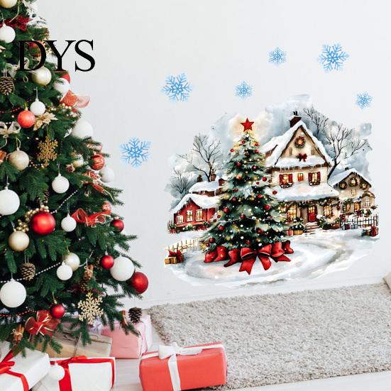 Waterproof Festive Decals Christmas Wall Decals, Watercolor Santa Claus Xmas Tree Village House Sticker, Peel Holiday Decor And Stick Removable