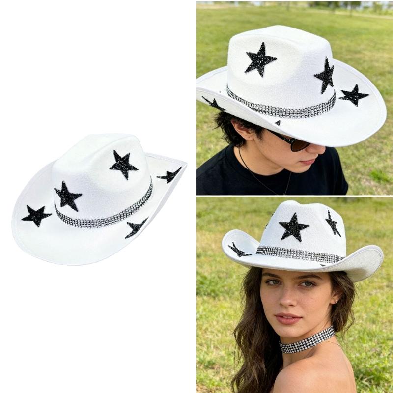 Sparkling Rhinestones Star Cowhand Hat For Women Men Unisex Outdoor Music Festival Sun Hat Cosplay Party Headpiece