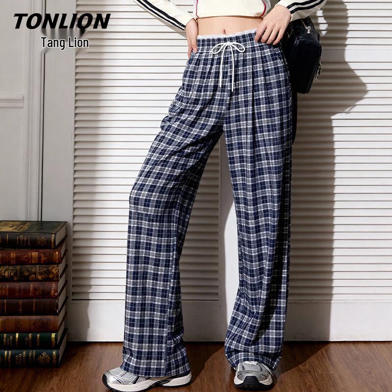 Женские широкие брюки в клетку с пэчворком TonLion M