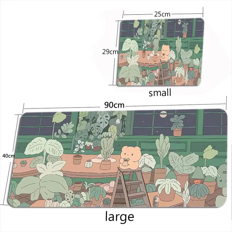 Green Windowsill Bunny Print Extended Mouse Pad Cute Forest Rabbit Nonslip Desktop Keyboard Mat
