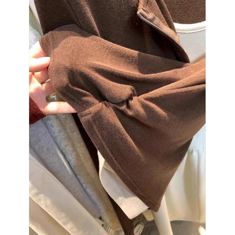 Spring Semi-zipper Contrasting Fake Two-piece Shirt Women's Top Waist Pinch Pleated Long-sleeved Retro Bottoming Shirt