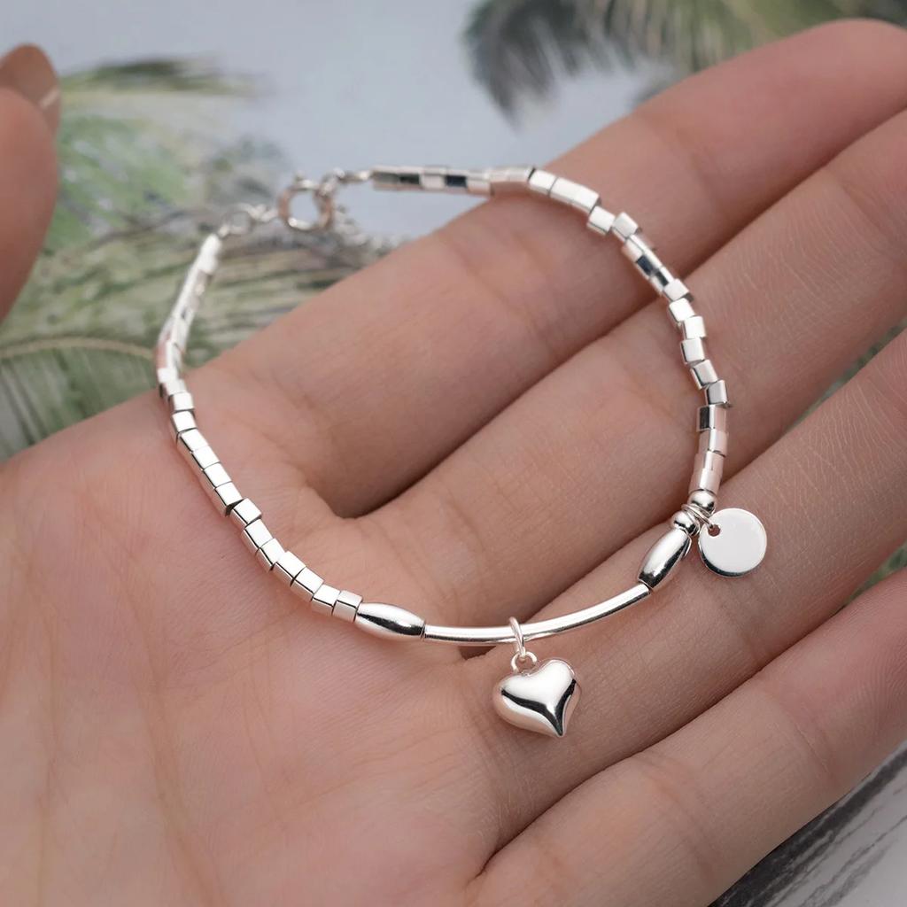 Real  Sterling Silver Beaded Tassel Square Heart Pendant Charm Bracelets for Women Fine  Minimalist Accessories
