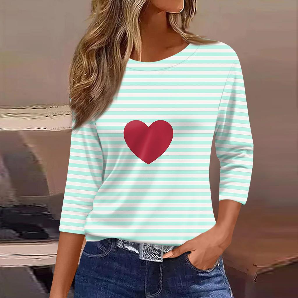 Damen Modisches Lässiges Dreiviertelarm Bedrucktes Rundhals-Top