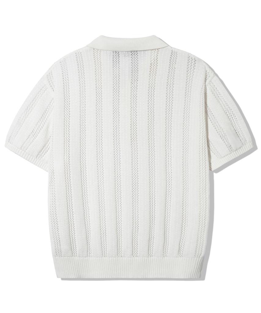 TRILLION Striped Curly Button Collar Short Sleeve Knit [Ivory]