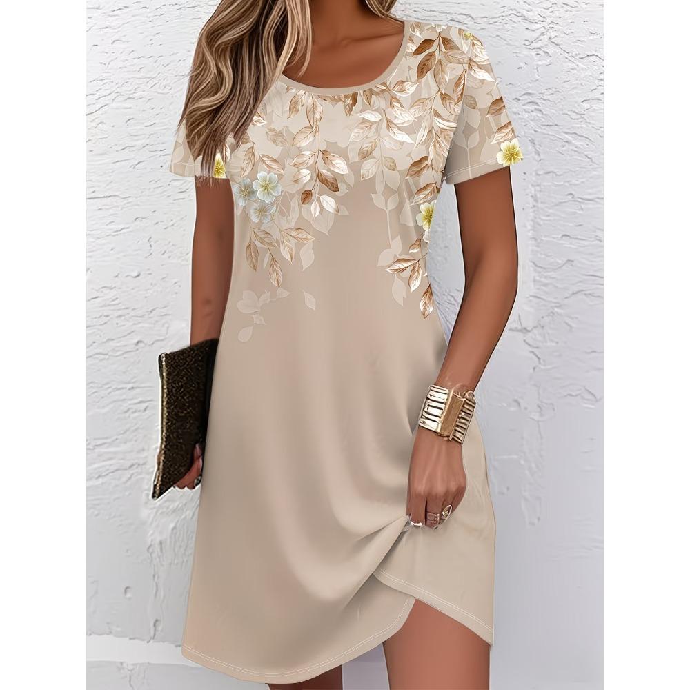 Women's Fashion Graceful Beautiful Flowers Print Summer Spring Short Sleeve O-Neck Casual Dresses