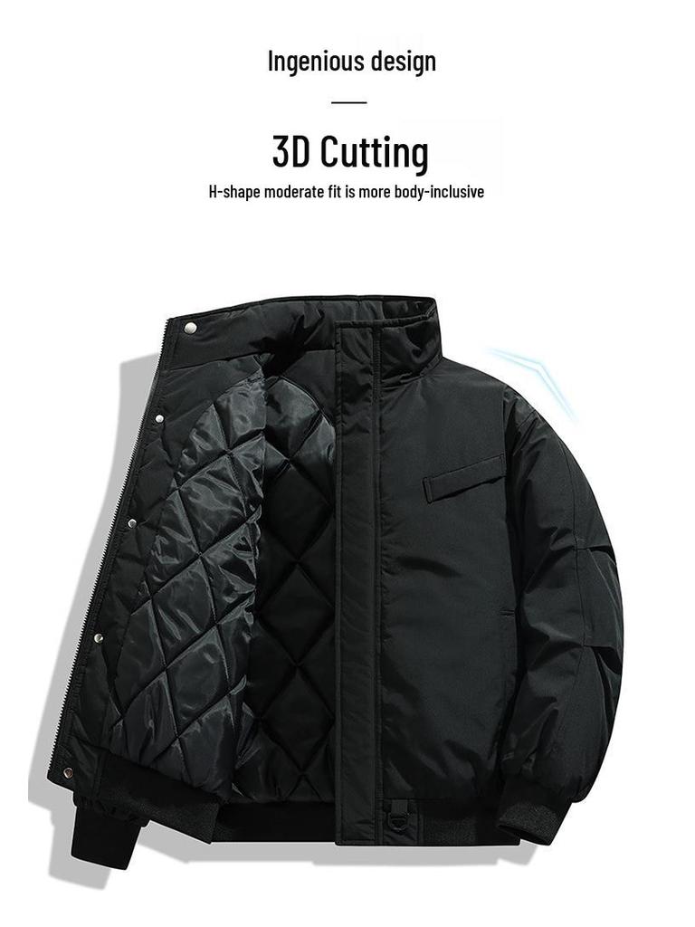 Men's American Workwear Puffer Jacket - Stand Collar, Cotton, Thick, Warm, Autumn/Winter, Loose Fit, Pure Color, Trendy Outerwear