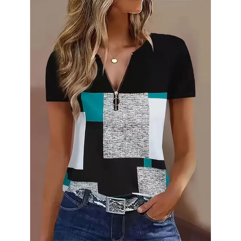 SummerSpring Geometric Printed Pattern Women's Zipper Printed Short Sleeve T-shirt
