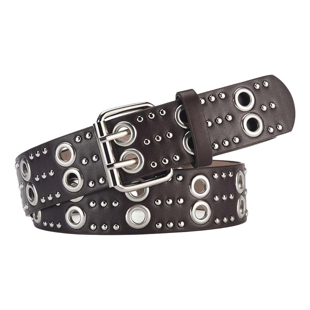 Double Row Needle Buckle Hollow Rivet Belt Adjustable Black Leather Waistbands  Women