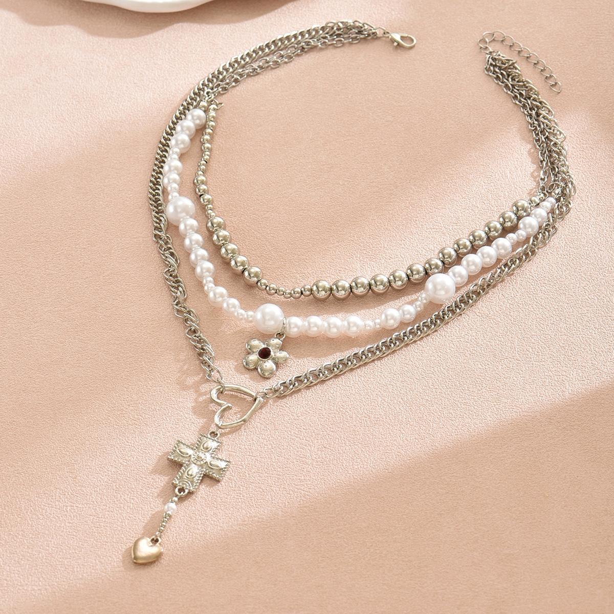 

European and American trend heavy industry cross love pendant necklace multi-layer stacking design flower pearl necklace