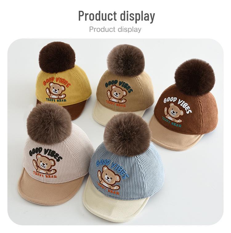 Children's Warm Cartoon Bear Duckbill Baseball Cap with Pom-Pom