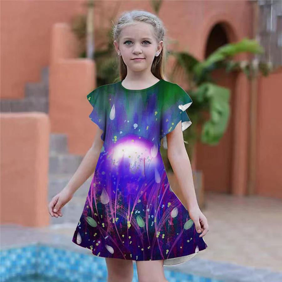 Girls Blue Lily Print Dresses Kids Girl Party Dress Loose Fitting Loose Fitting Short Sleeved Skirt For Girls Over Four Years Old