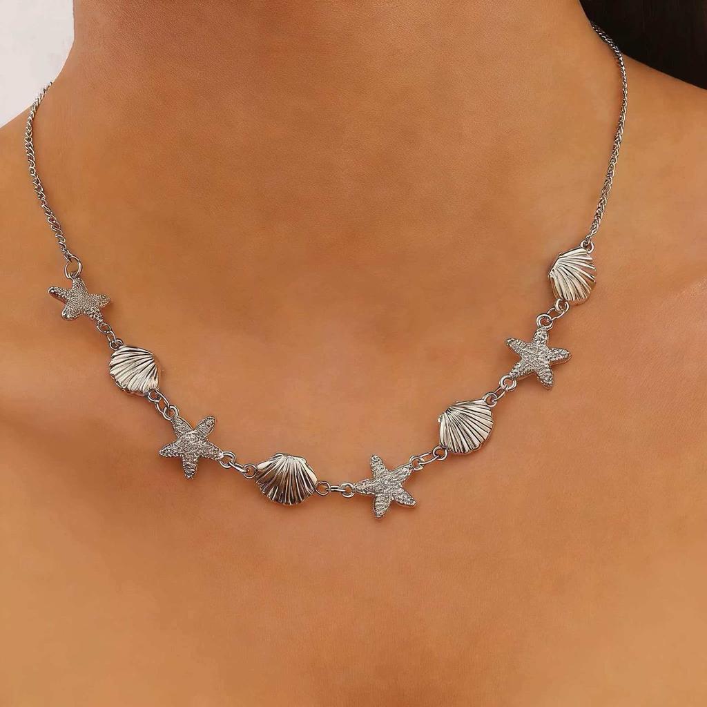 Gold Plated Starfish & Shell Jewelry Set, Ocean Themed Necklace, Earrings & Bracelet for Women