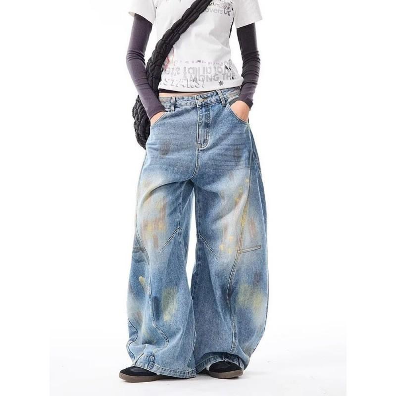 Vintage Distressed Graffiti Denim Pants Unisex Loose Wide Leg Trousers High Street Style