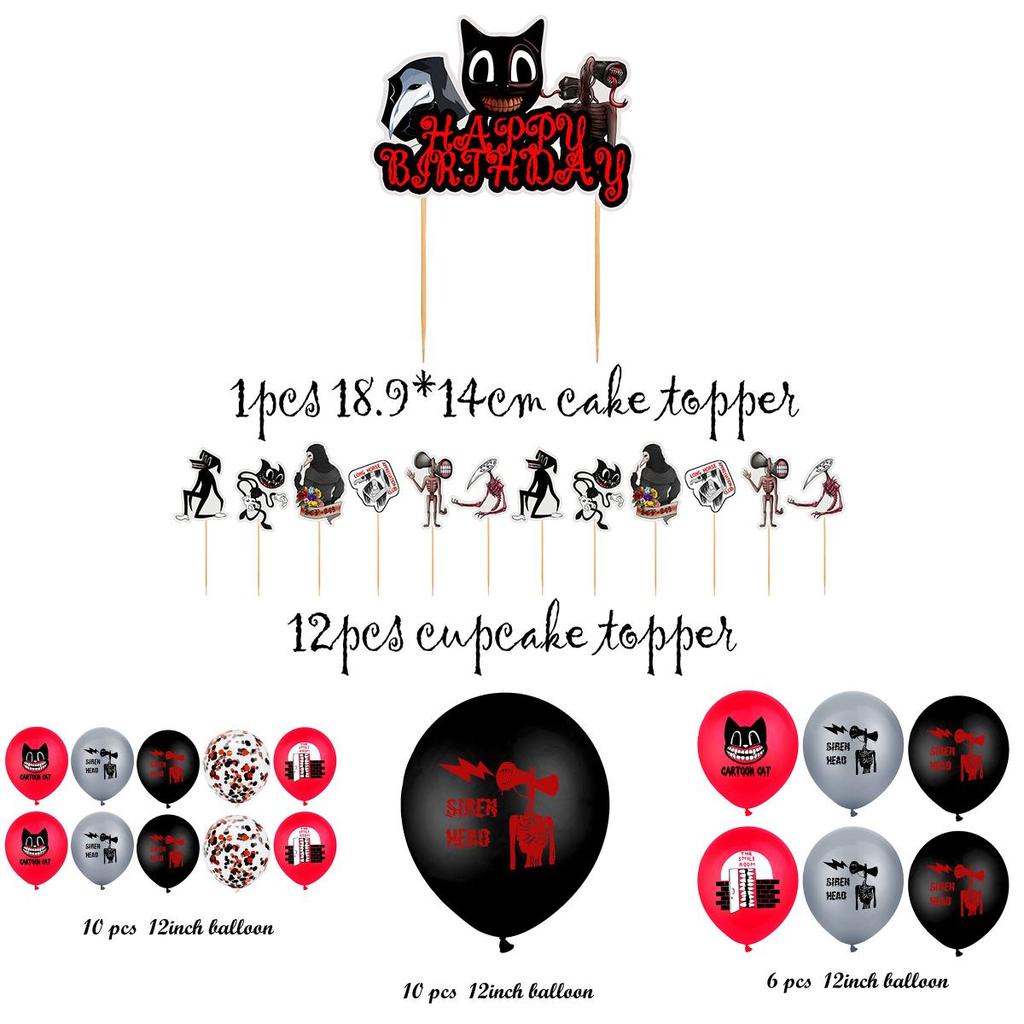 Siren Head Cartoon Cat Horror Theme Birthday Party Balloon Banner Cake Topper Set