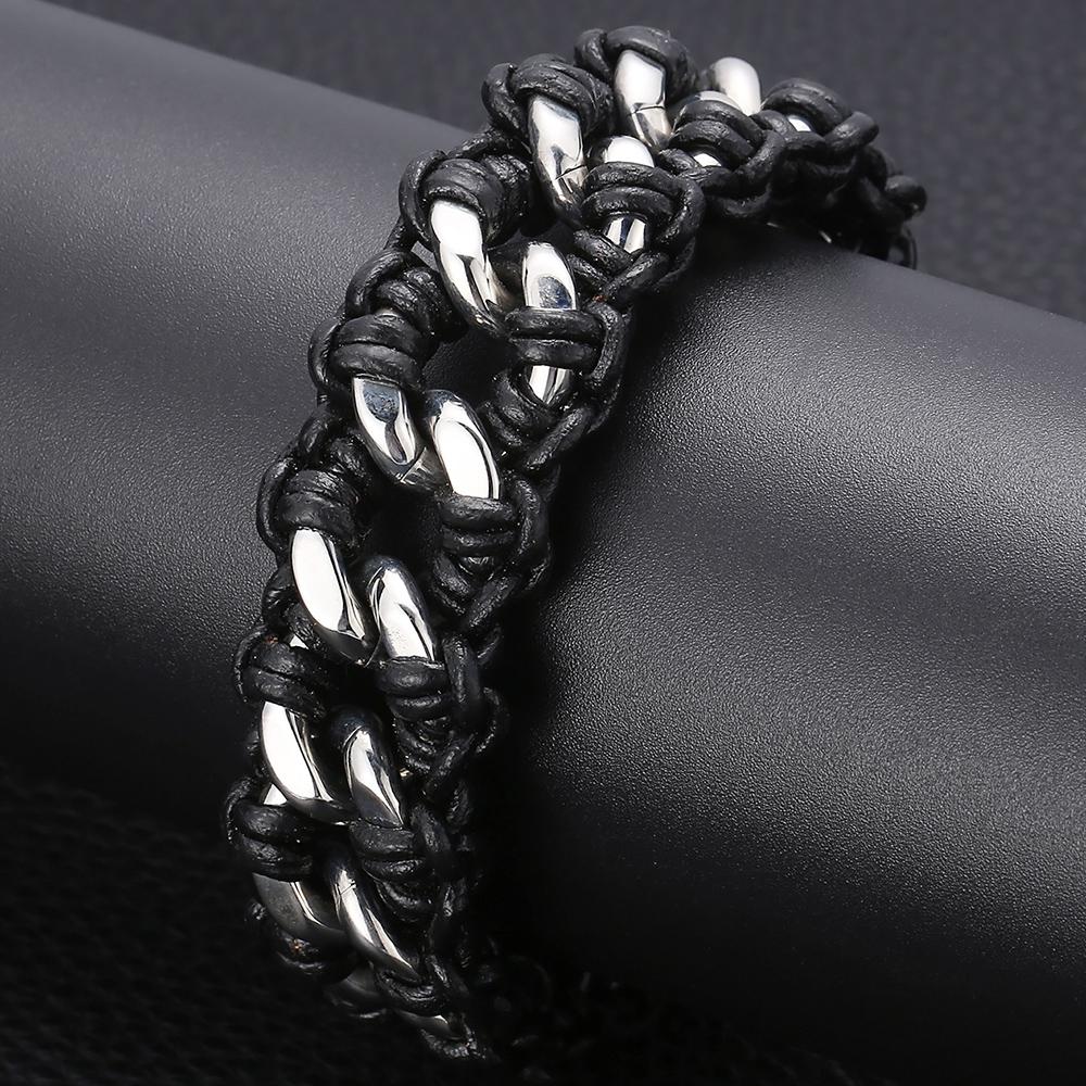 Herren 22MM Poliertes Edelstahl Kubanische Kette Armband für Herren Geflochtenes Leder Wickelarmband Armband Männliches Schmuckaccessoire