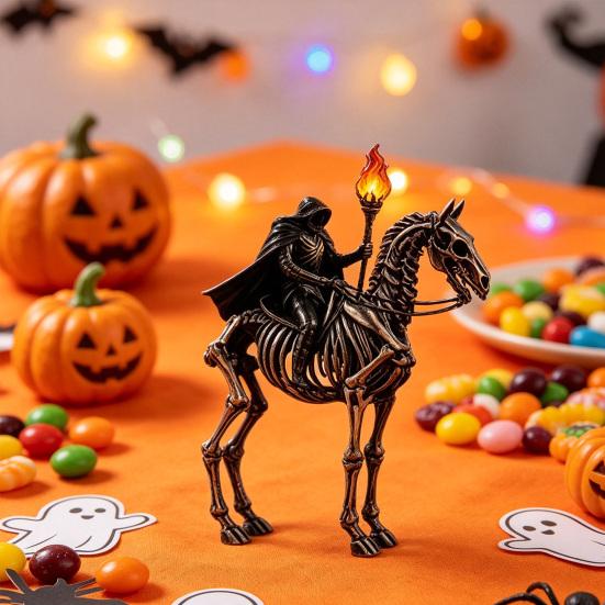 Unique Holiday Desk Ornament Lighted Headless Horseman Resin Figurine, Gothic Halloween Statue with LED Warm Glow, Hooded Style Home Accessory
