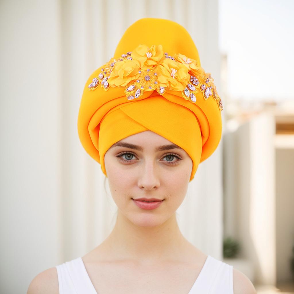 Ready To Ship 2025 Latest Ladies Flower Embroidery African Hats Fashion Ethnic Style Stretch Turban Headbands for Women