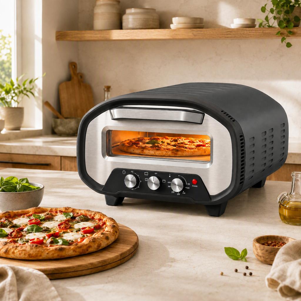 Indoor Electric Pizza Oven, 2200 W, Up To 430C, Ceramic Stone 30.5 Cm Diameter, 60-Min Timer, Black