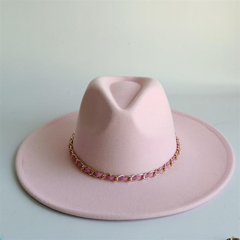 Yellow Fashion Fedora Hat With Colorful Chain 9.5Cm Wide Brim Hat For Women Winter Men'S Hat Cowboy Felt Hat Sombreros