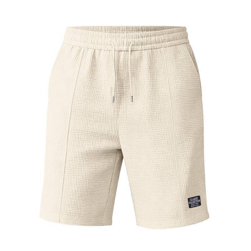 Men Casual Waffle Drawstring Elastic Waist Loose Beach Knee Length Shorts