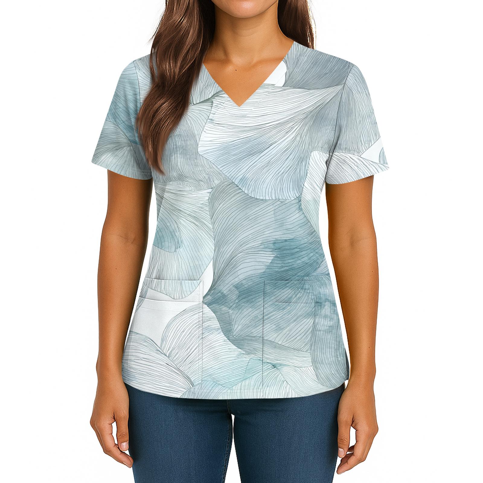 

Женский топ с градиентным принтом, V-образным вырезом, двойным карманом, короткими рукавами, разрезом по низу, униформа для ухода XXXXXL синий