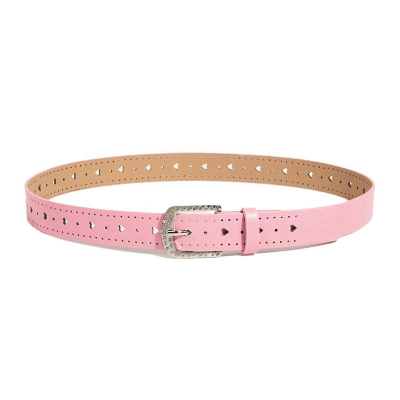 Women PU Leather Belt Heart Hole Decoration Solid Color Belt