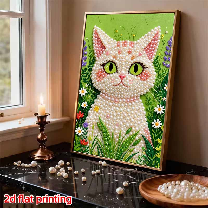 DIY Frameless Pearl Art Painting Kit Cute Cat with Flowers 3D Bead Canvas Handmade Craft for Adults Wall Decoration Gift