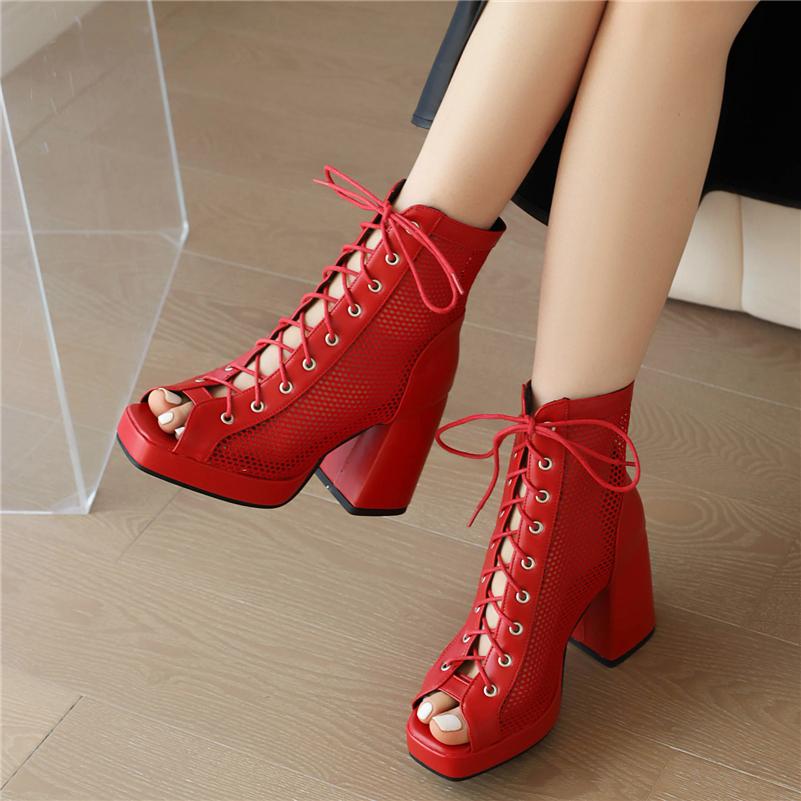 FOREADA Women Hollow Mesh Sandals Peep Toe Thick High Heels Lace-up Platform Sexy Comfort Jazz Dance Boot Ladies Shoes Summer 46