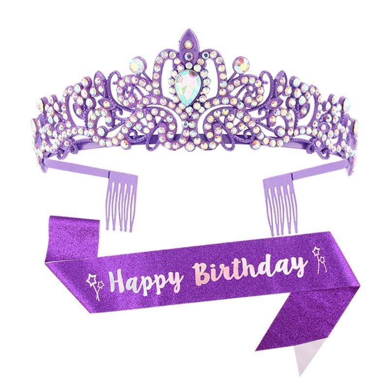Fashionable 2pcs Rhinestones Tiaras Headband and Sash Hairpiece Hair Accesories for Women’s Birthday Party Accessories