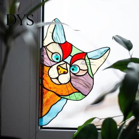 Colored Glass Cat Sticker Stained Window Cling, Vintage Colorful Kitty Decal, Removable Static Decor for Door Wall Car, UV-Resistant Waterproof