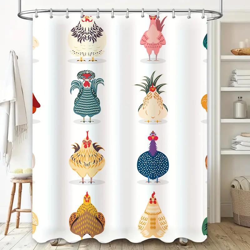 Chicken-themed Shower Curtain Set with 12 Designs Featuring Roosters and Hens In Various Colors and Styles for Bathroom Decor, E