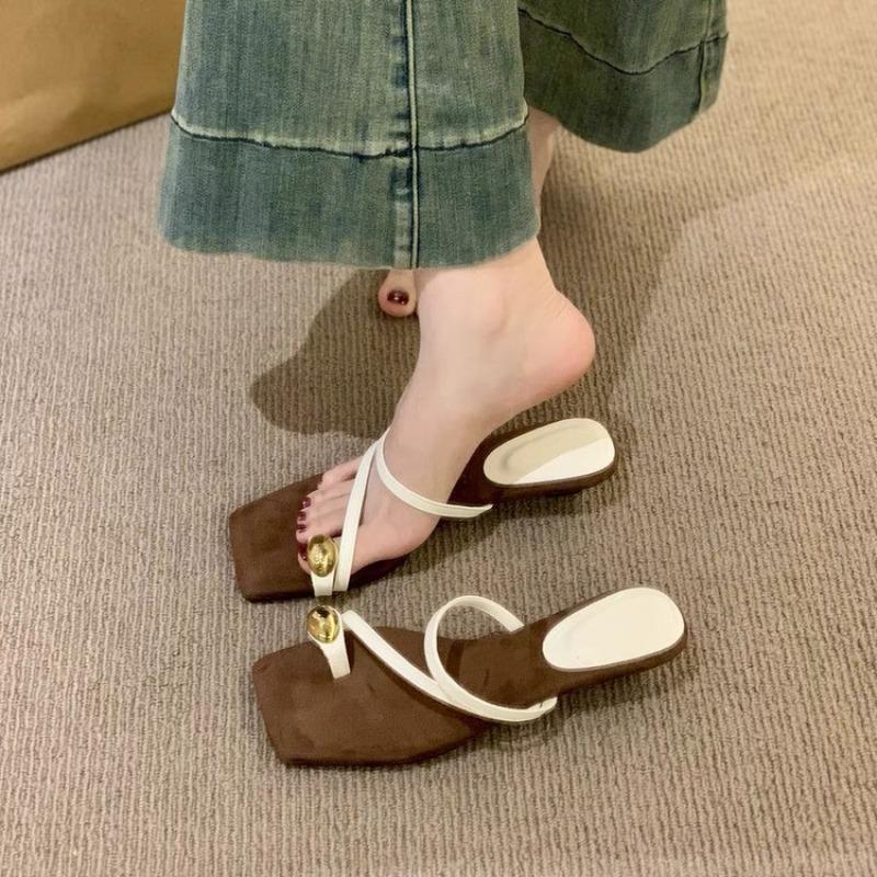 Fashion Women Sandals Narrow Band Fashion Metal Decoration Low Heel Slip On Summer Female Slipper Elegant Slides Outdoor Beach Flip Flop