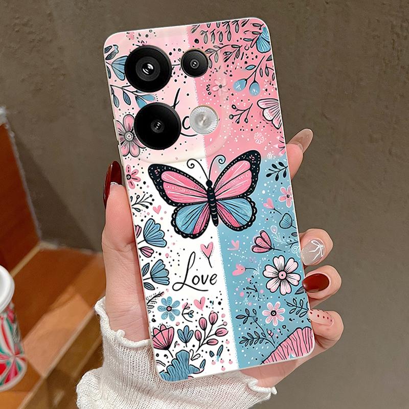 Blue Pink Butterfly Floral Pattern Case For Xiaomi 14T 13T 11T Pro Funda Redmi Note 14 13 12 11 Pro 5G 4G Leather Texture Silicone Cover
