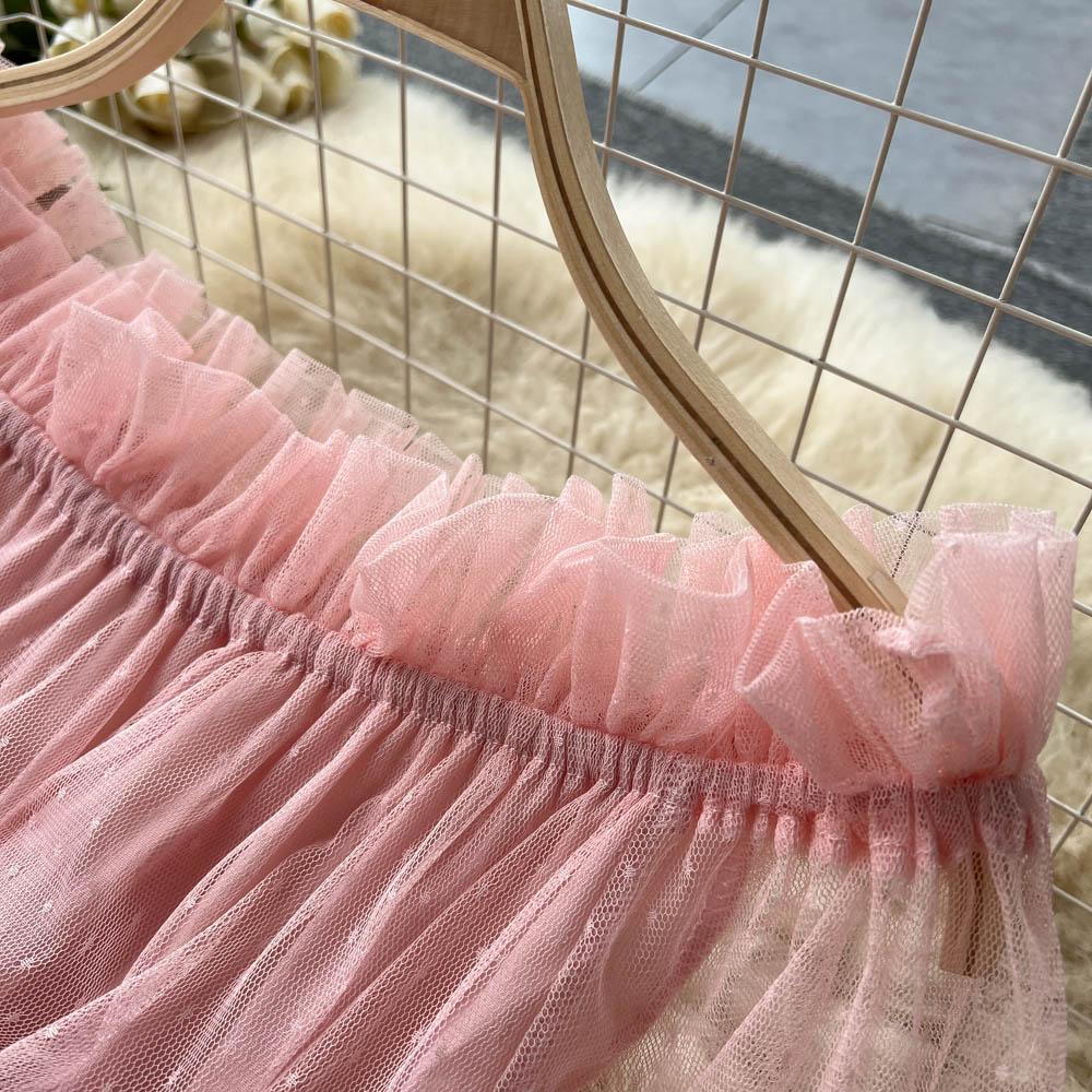 French Fashion Mesh Party Long Dress Women Ruffle Long Sleeve Slash Neck Elastic Waist Ladies Summer Elegant A Line Dresses