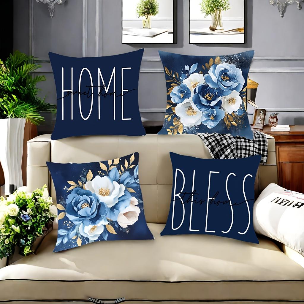 1/4pcs Blue Floral Home Bless Pillowcases Sofa Cushion Cover Home Bedroom Room Decoration
