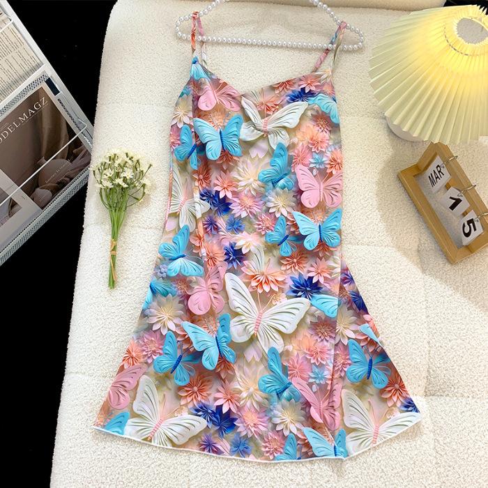 Summer Skinny Loose Dress Fashion Floral A-shaped Dress Temperament Printed Suspender Sleeveless Dress 160(M)