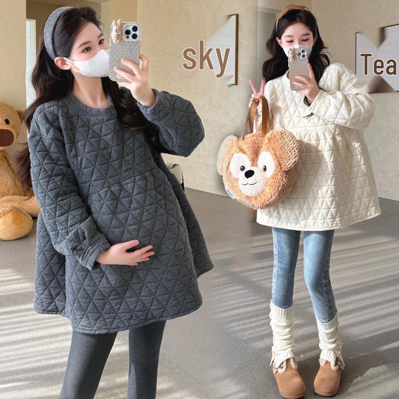 2026 Winter Maternity Slim Fit Quilted Hoodie - Korean Style Mid-Length Warm Maternity Shirt