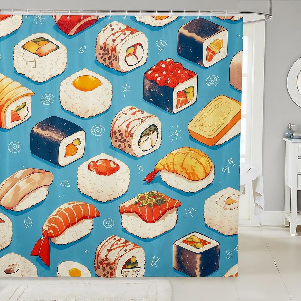 Ramen Noodle Shower Curtain Set Bathroom Decor for Kids Girls Boys,Japanese Style Bathroom Set Funny Food Fabric Shower Curtain