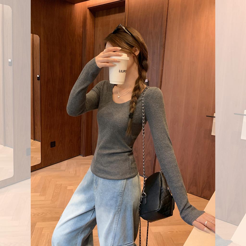 Off-white U-neck with exposed collarbone, front shoulder, long-sleeved knitted bottoming shirt inside, wear it in early autumn, waist, top for women