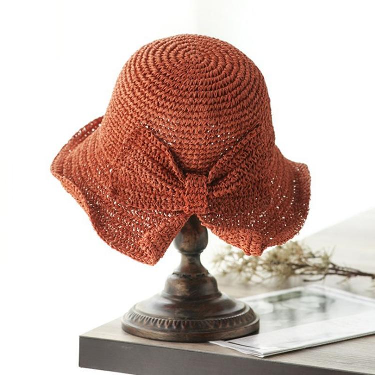 100% Raffia Bow Sun Hat Wide Brim Floppy Hats Women Beach Panama Straw Dome Bucket Hat